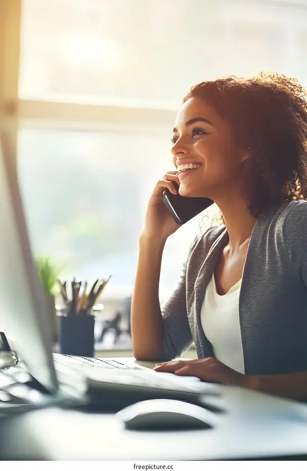 Smiling Black Woman Talking On Phone At Desk
