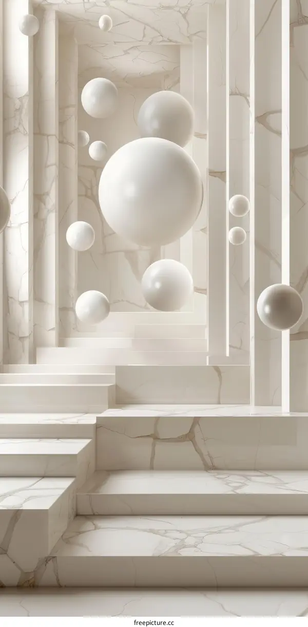 3D rendering of a surreal hallway with floating spheres