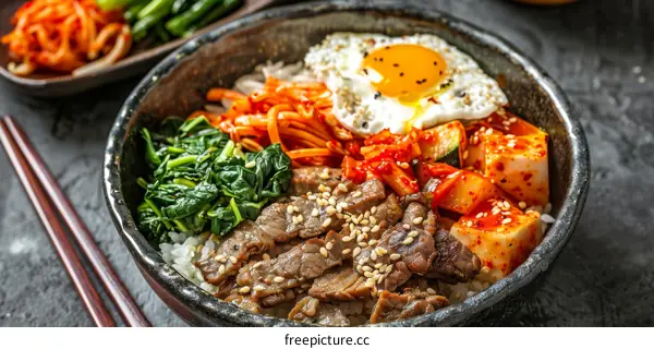 Delicious Korean Bibimbap with Beef, Egg, and Vegetables