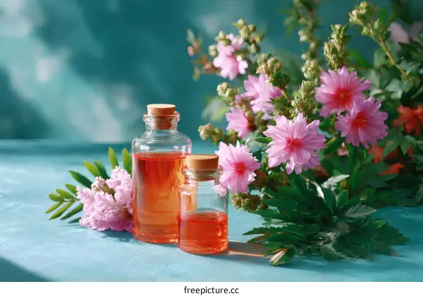 Botanical Essences in Glass Bottles and Pink Flowers