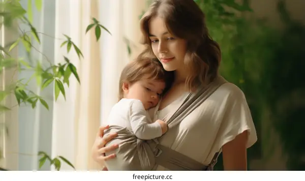 A young mother is holding her baby in a baby carrier