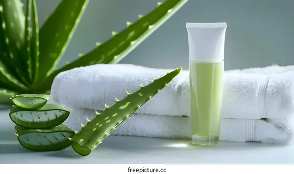 Aloe Vera Plant and Cream Bottle on White Towels