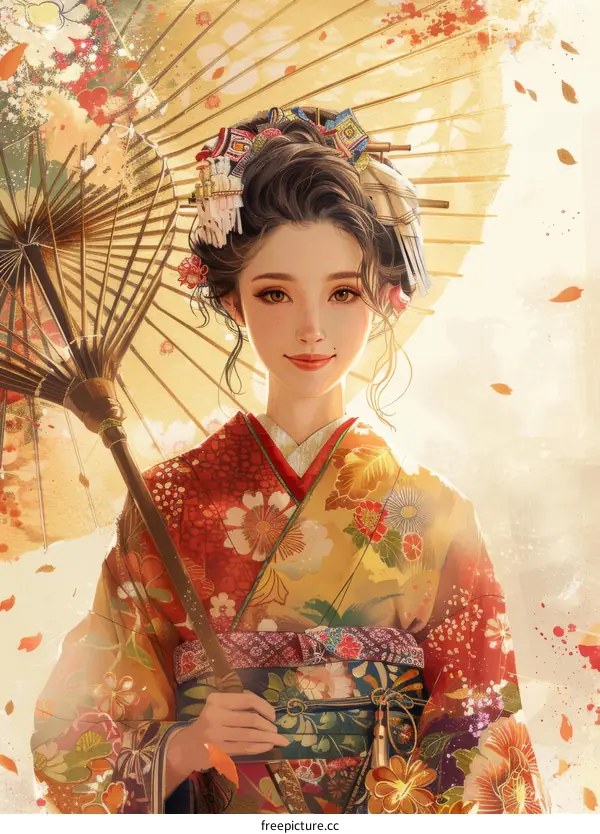 An Asian woman in a kimono holding an umbrella