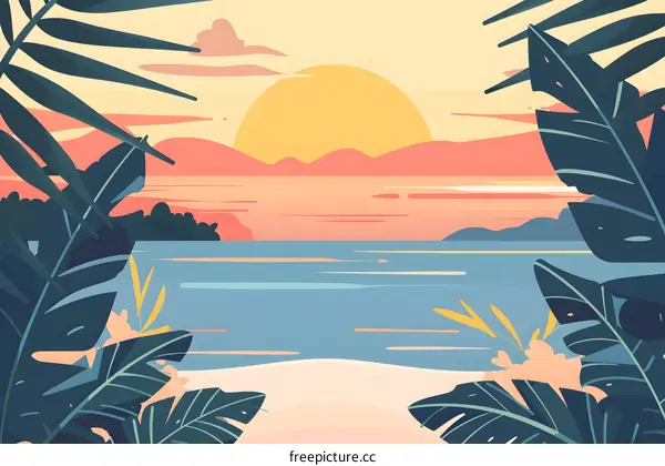 Tropical Sunset Beach with Palm Leaves