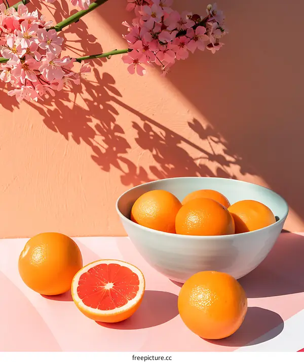 Pink Flowers and Oranges in a Bowl on Pink Background