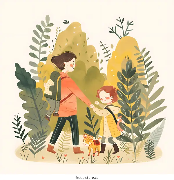 Mother and Daughter Walking in the Forest with Dog