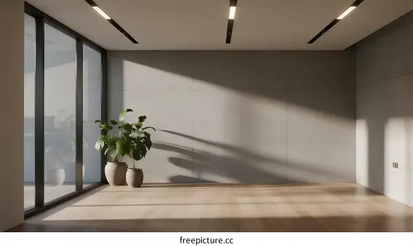 Modern empty room with large windows and indoor plants