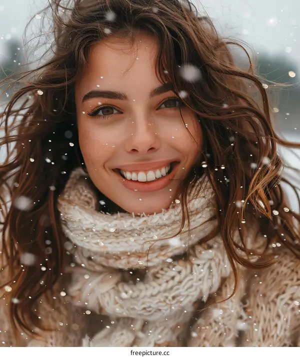 Smiling Woman in Winter Snowfall