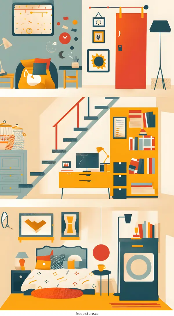 Modern Flat Illustration With Staircase, Living Room, Bedroom, And Working Space