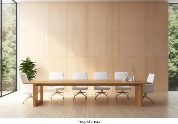 Modern Minimalist Office Interior Design With Wooden Wall Panel And Large Windows