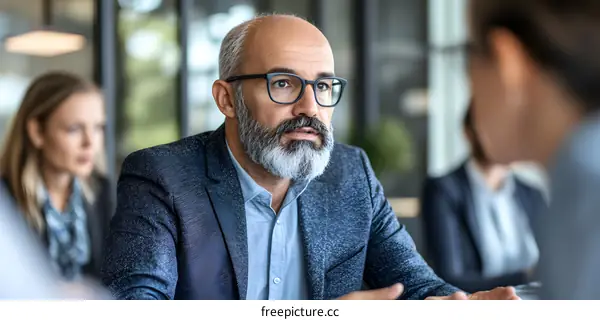 Businessman with Grey Beard Listening to a Colleague in a Meeting