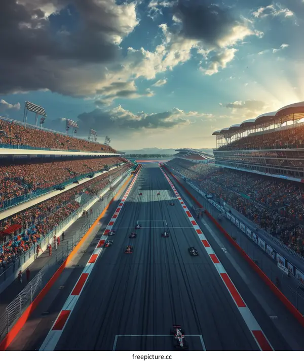Formula One Cars Racing on a Track with Crowd of Spectators in the Stands