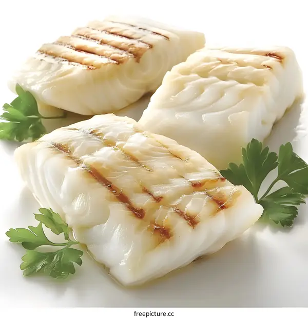 Grilled cod fillets with parsley garnish