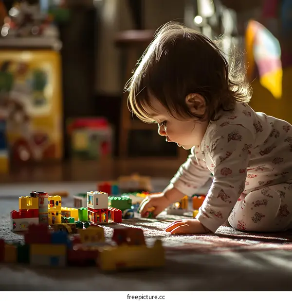 Baby Girl Playing with Building Blocks in Living Room