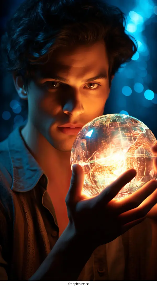Portrait of a young man holding a glowing orb in his hands