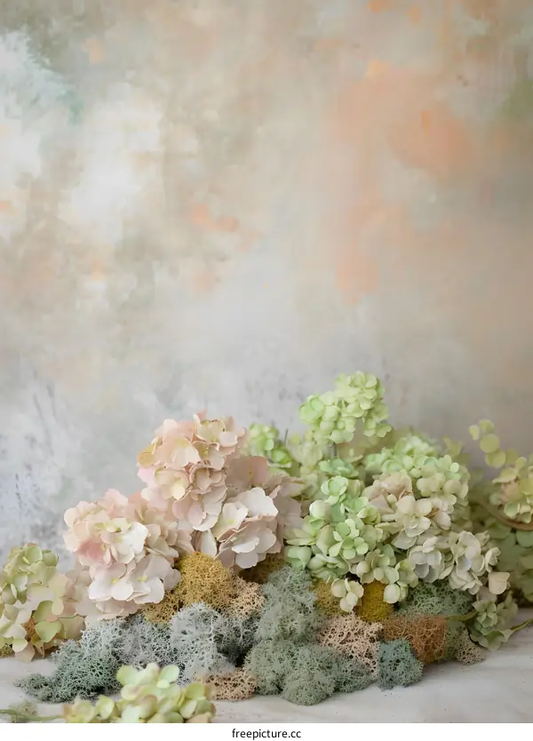 Pastel Hydrangeas And Dried Moss Against Textured Background