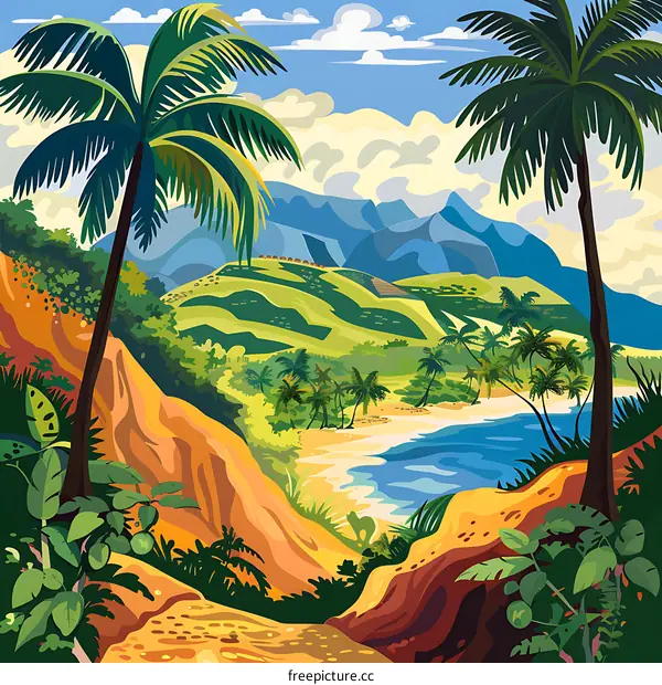 Tropical Landscape With Palm Trees And Mountains