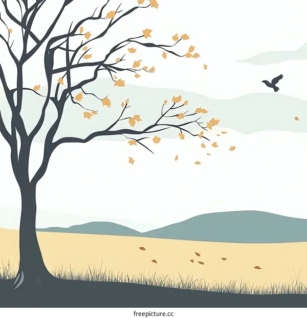Silhouette Tree with Falling Leaves and a Bird Flying in the Sky