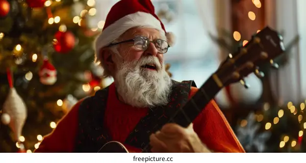 An old man wearing a Santa hat is playing the guitar and singing Christmas carols