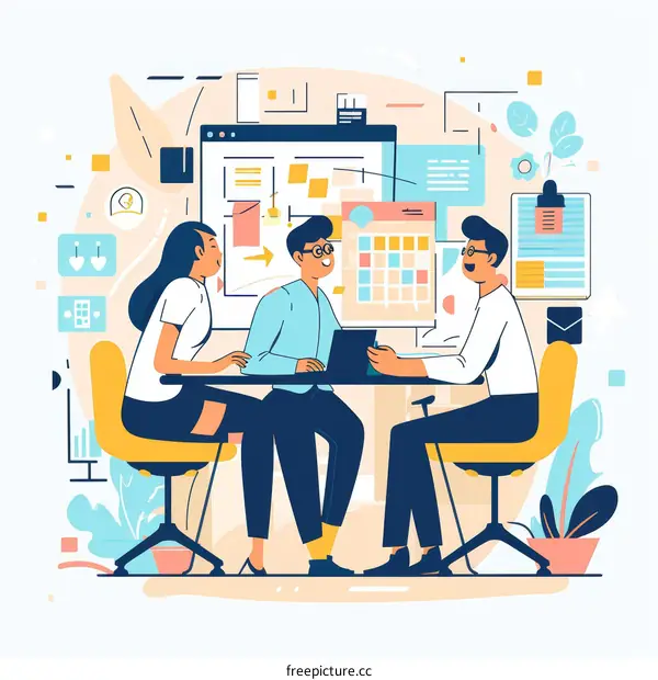 Three people in a meeting discussing project plans and tasks