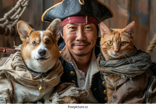 A man with a dog and a cat dressed as pirates