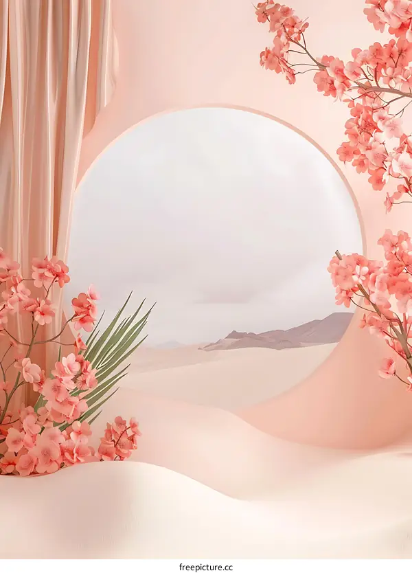 Minimalist Pink Desert Background with Flowers and Palm Leaf