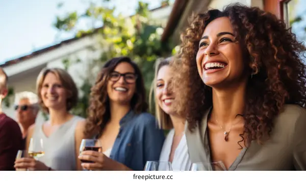 A group of multi-ethnic women are drinking wine and laughing together.