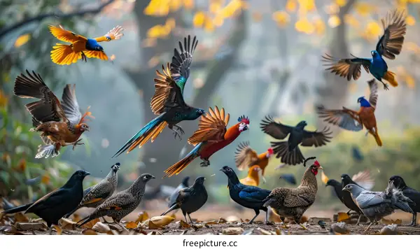 Colorful Birds Flying in a Forest