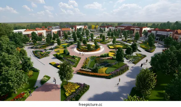 Aerial View of a Beautiful Park with Buildings and Flowers