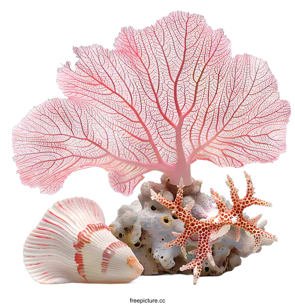 [Transparent Background PNG]Delicate Pink Sea Fan and Shell