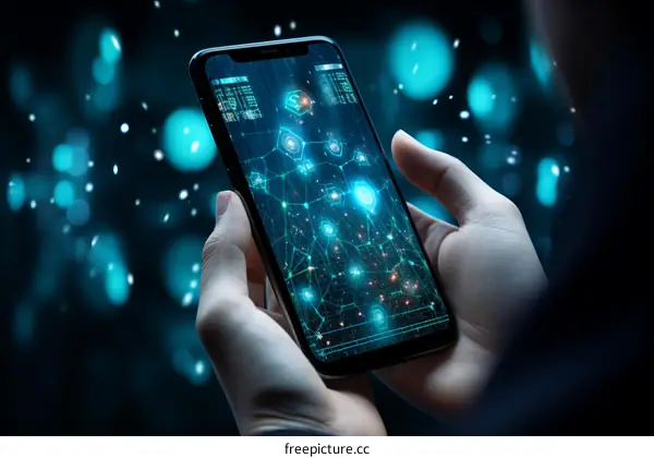 A person holding a smartphone with a futuristic user interface.