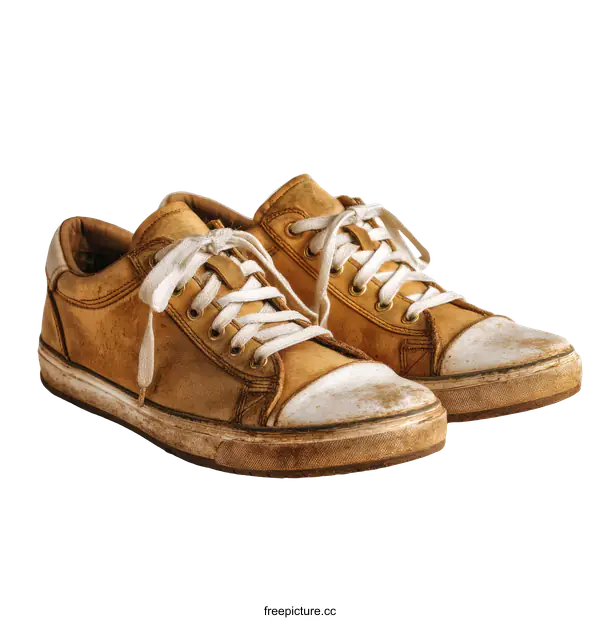 [Transparent Background PNG]Pair of Dirty Tan Leather Sneakers on White Background