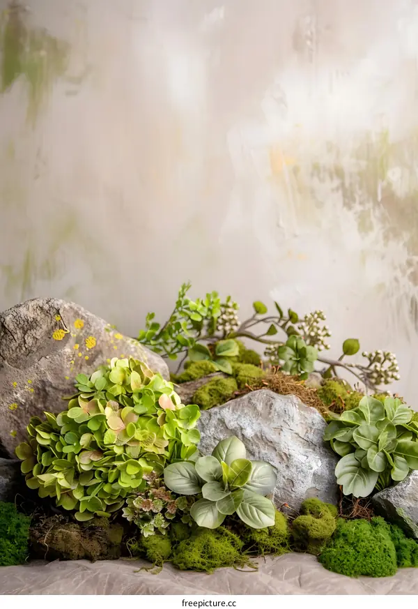 Green Moss Rocks With Greenery Background