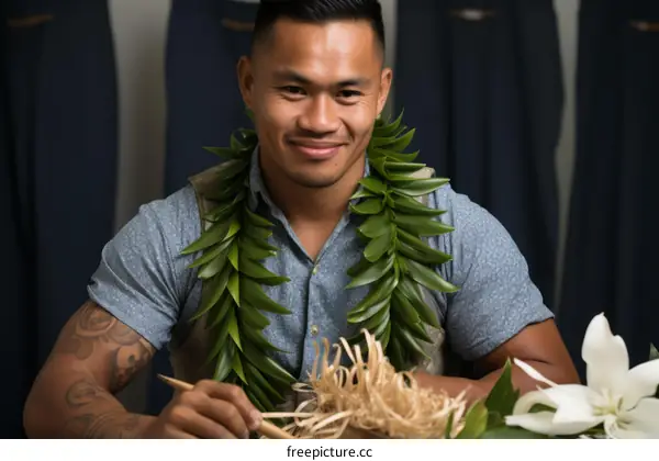 Portrait of a smiling man wearing a green lei