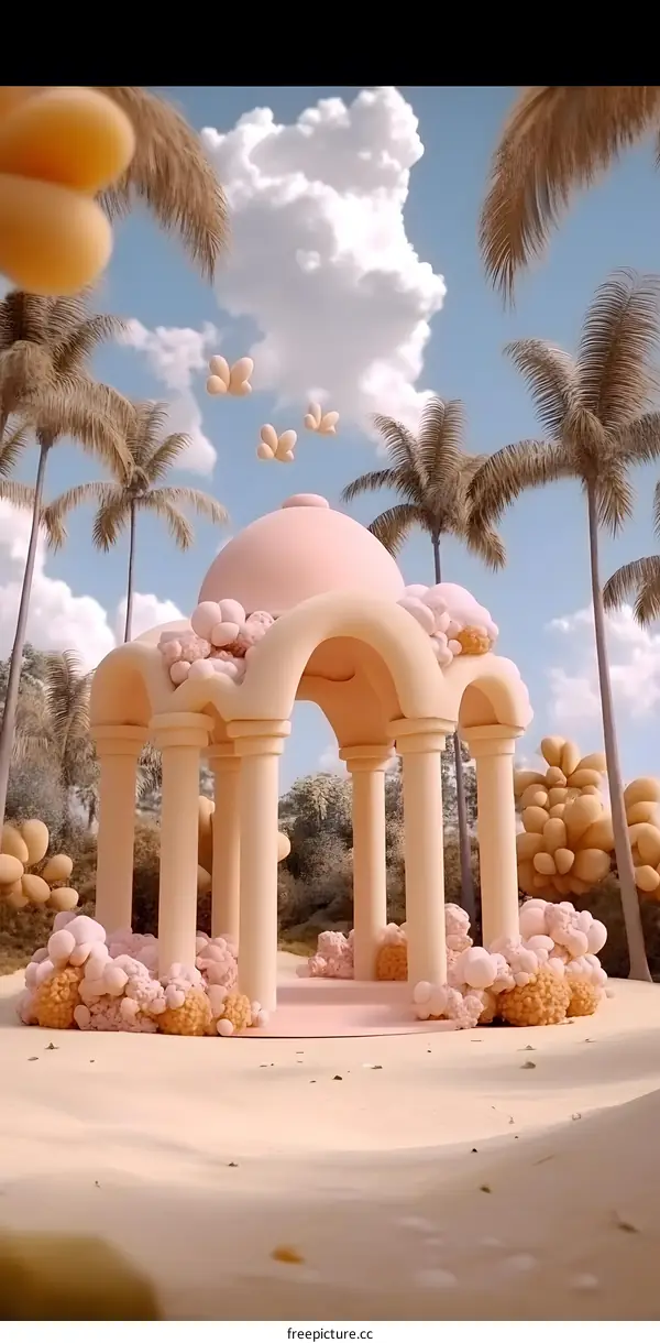 3D Rendered Pastel Pink Archway With Palm Trees