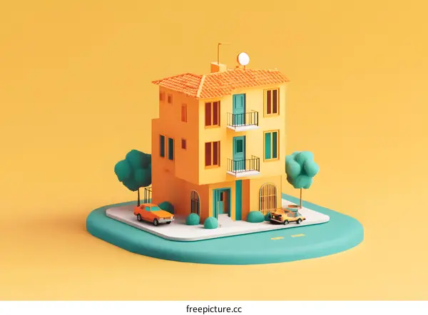 3D Rendered Illustration of a Yellow Building with Green Trees