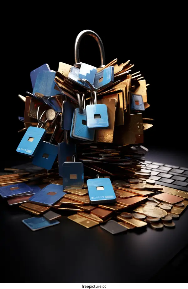 A pile of credit cards with a small lock on top of them.