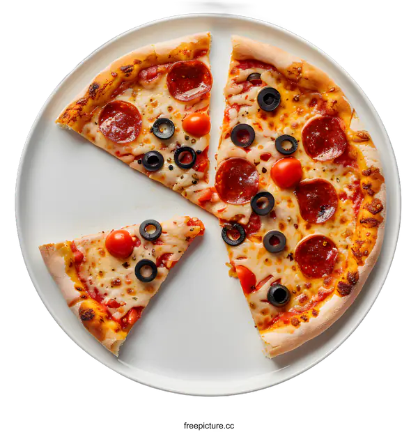 [Transparent Background PNG]Pepperoni Pizza With Black Olives And Cherry Tomatoes
