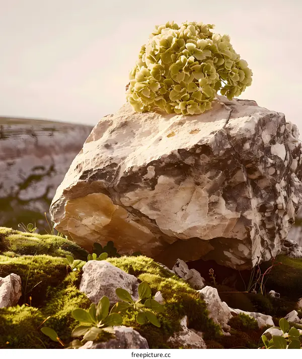 Green Flowers on a Large Rock with Mossy Ground