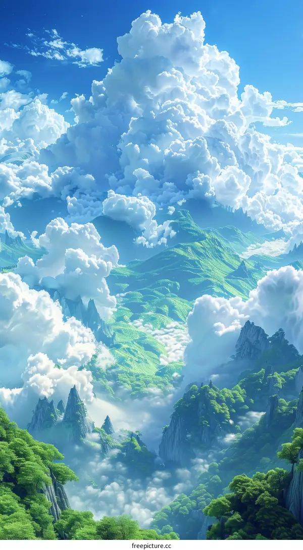 Majestic Green Mountains with White Clouds