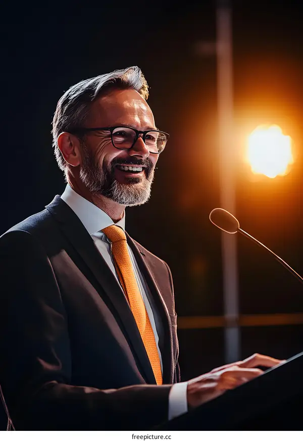 Smiling Businessman Speaking At Podium