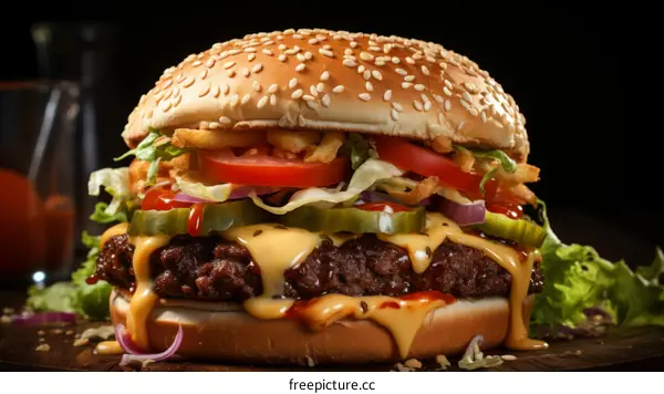 A cheeseburger with a sesame seed bun, lettuce, tomato, onion, and pickles