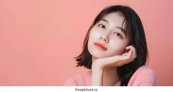 Portrait of a Young Asian Woman with Short Hair on a Pink Background