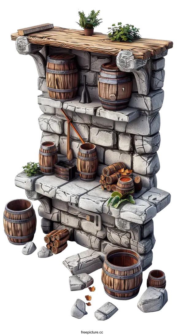 [Transparent Background PNG]Stone Shelves with Barrels and Greenery
