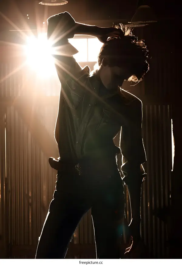 Silhouette of a Man in a Barn with Sunlight Streaming Through the Window