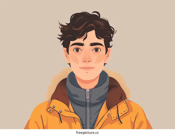 Portrait of a young man with brown hair and brown eyes wearing a yellow jacket