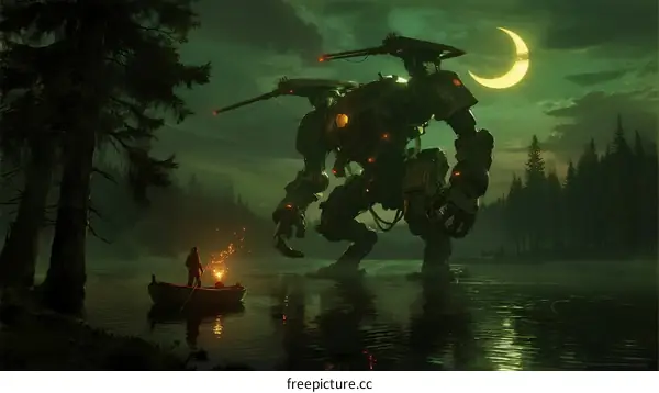 A lone figure in a boat faces a giant mechanical robot under a crescent moon