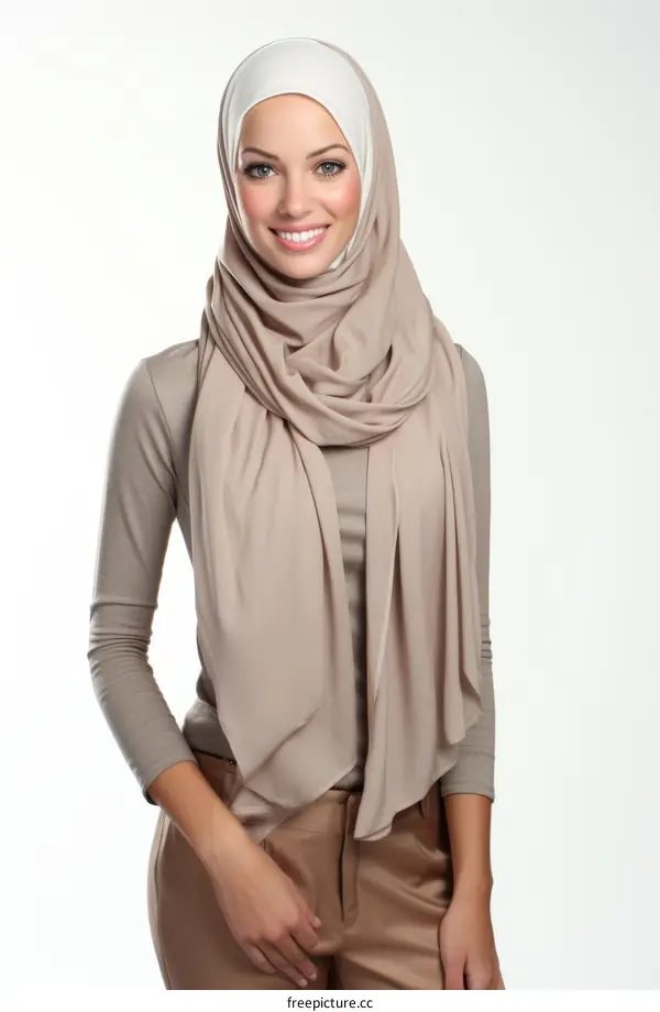 A young woman wearing a head scarf smiles at the camera