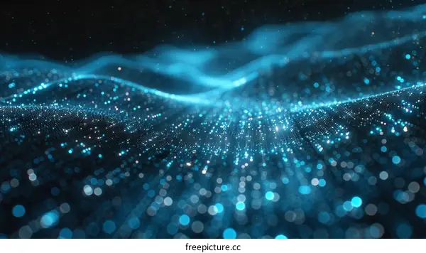 Blue and white glowing particles form into a wave pattern