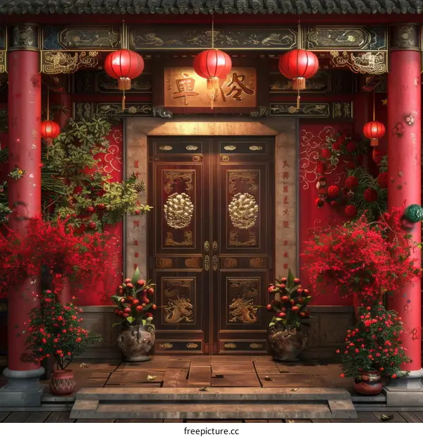 Chinese Traditional Courtyard with Red Lanterns and Blossoms